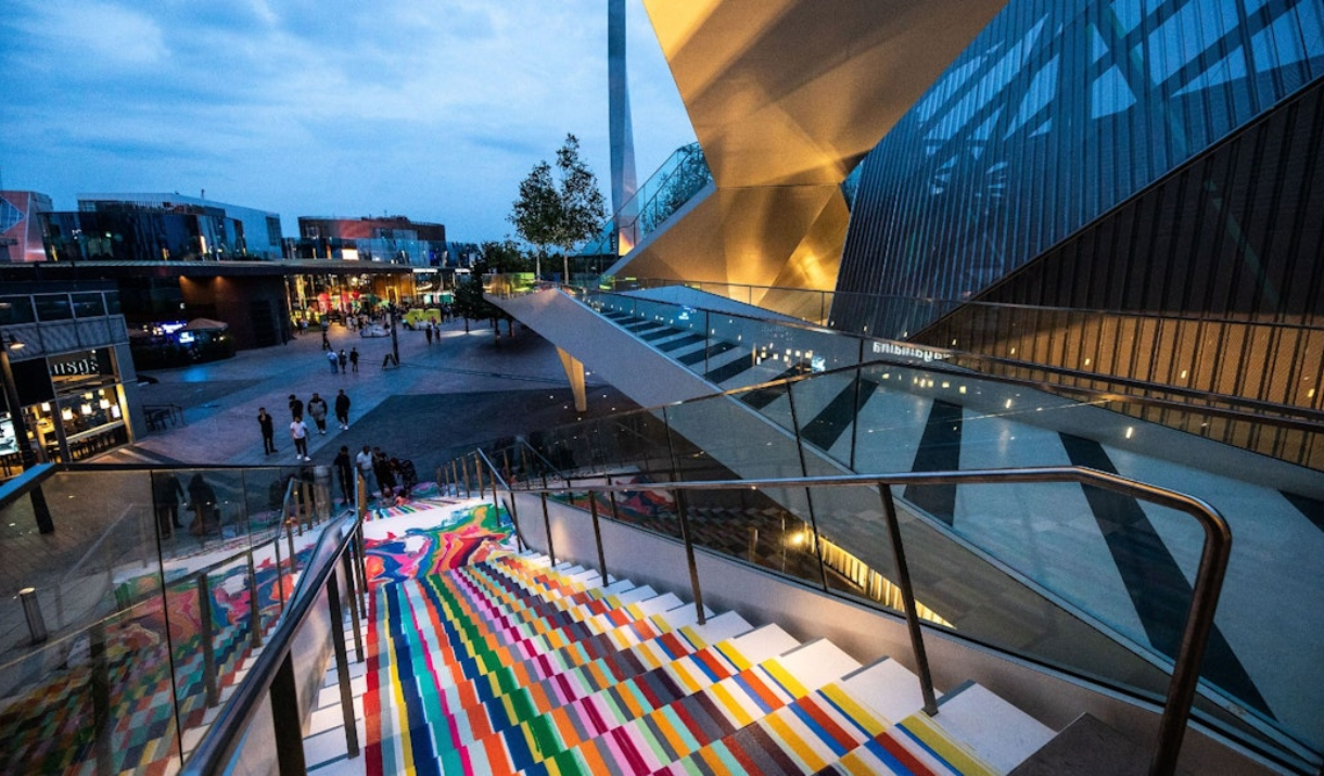 The Poured Staircase at The Tide on Greenwich Peninsula at night